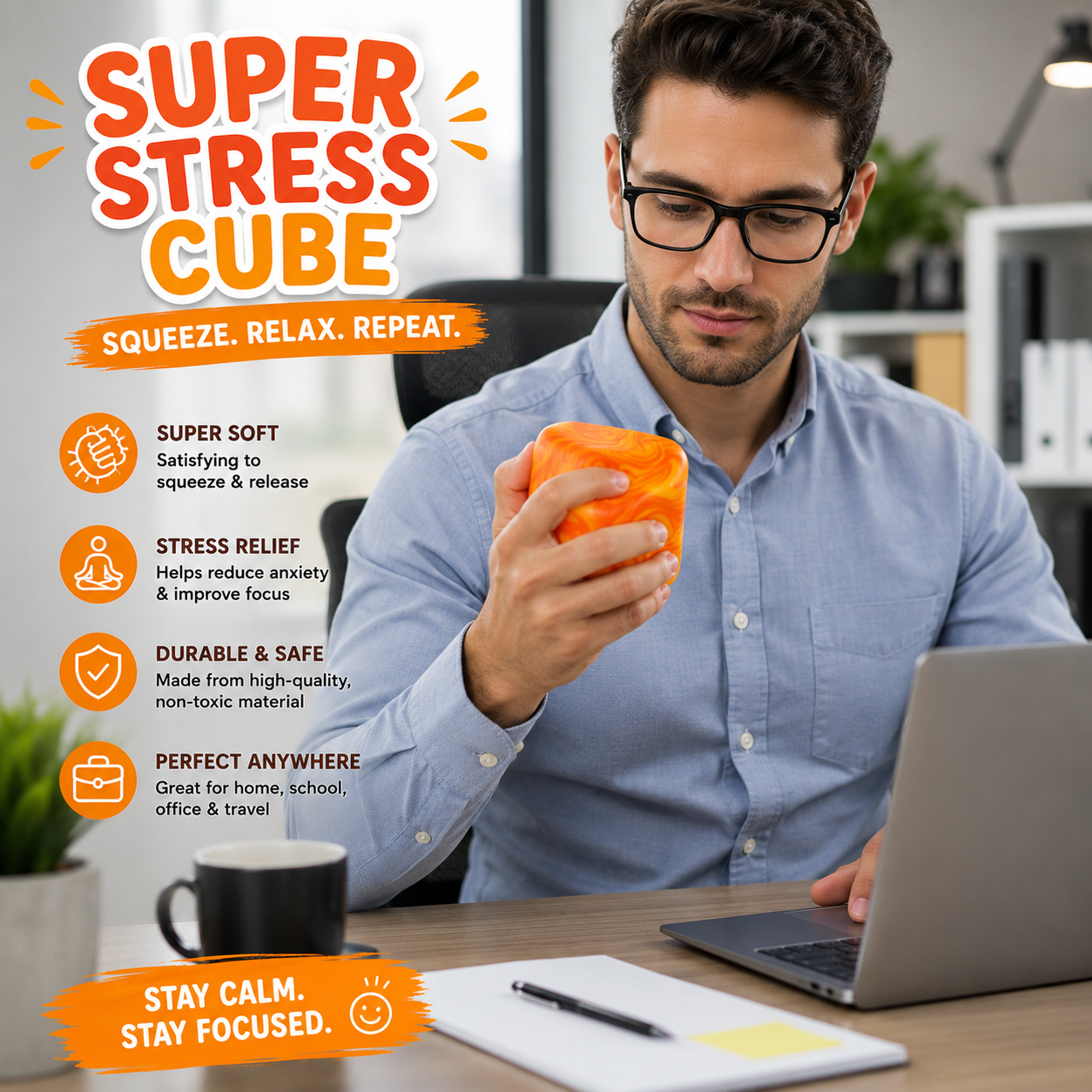 Swirl Stress Cube Squishy Toys - Slow Rebound Squishy Fidget Toy for Adults - Unique Swirling Color Mixing - Slow Rising Sensory Toys for Anxiety Stress Relief (Orange)