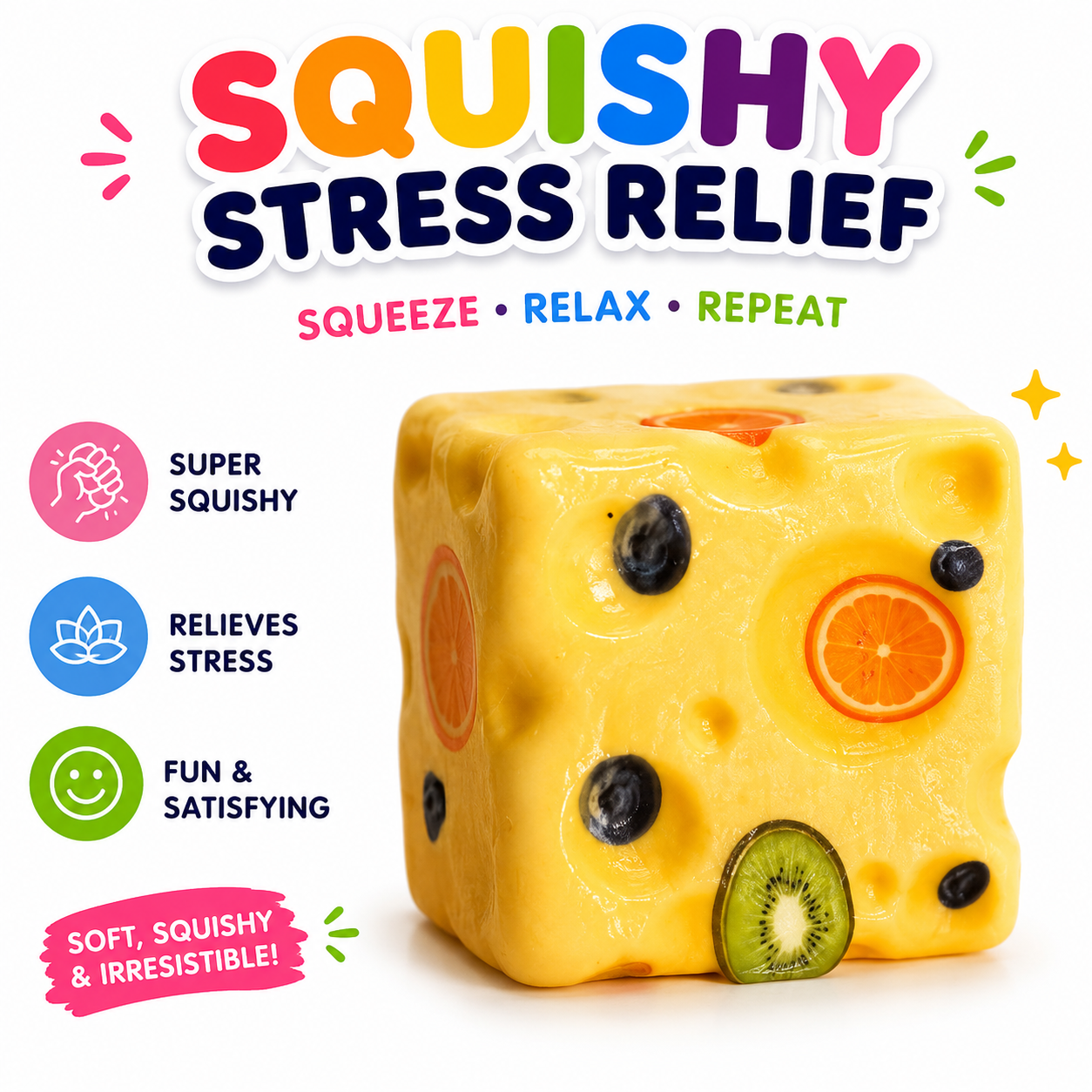 Squishy Toy Set - 4 Set Pack - Butter - Peanut & Cheese Block Soft Sensory Squeeze Toys for Kids and Adults