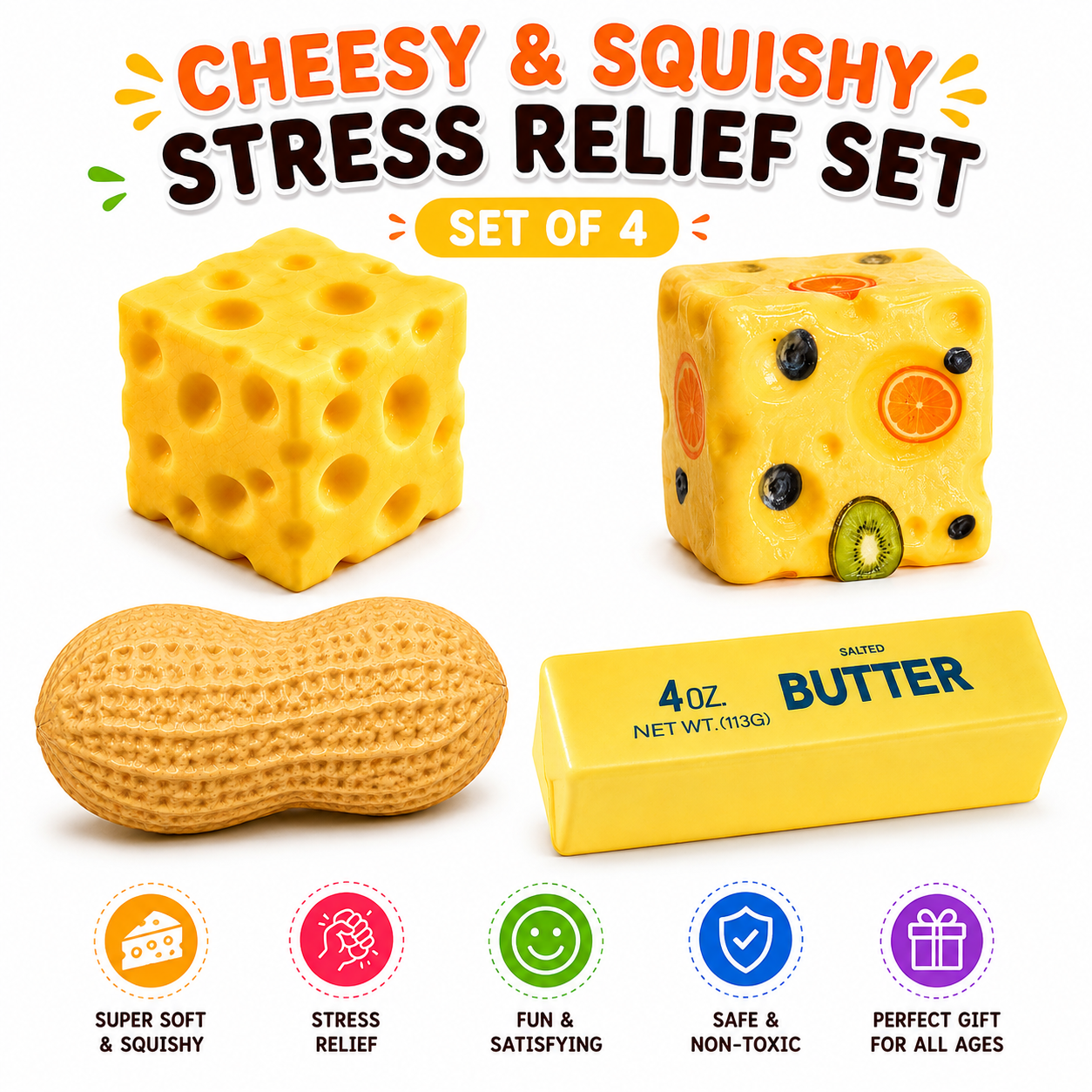 Squishy Toy Set - 4 Set Pack - Butter - Peanut & Cheese Block Soft Sensory Squeeze Toys for Kids and Adults