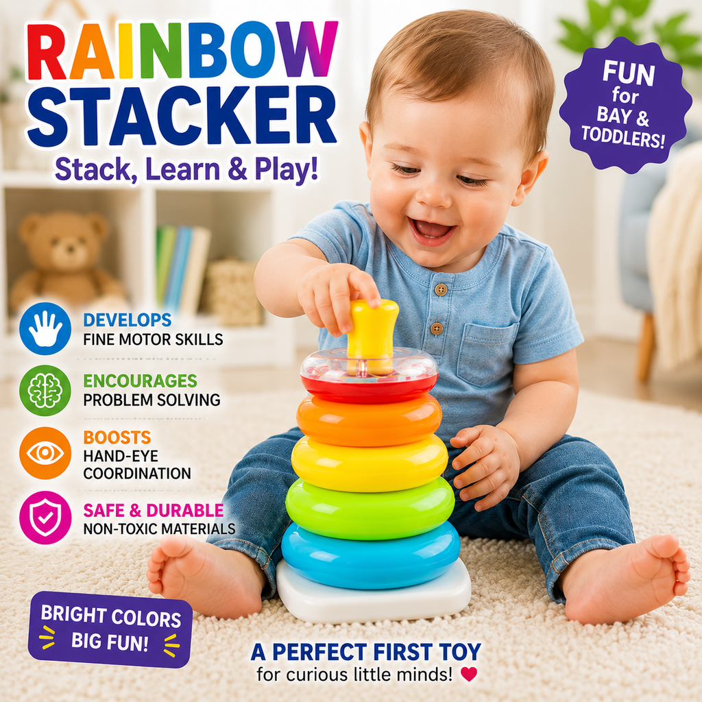 Stacking Toy - Colorful Stacking Blocks - Educational Learning Play Building Game for Ages 6+ Months Boys Girls Outdoor Daycare Nursery Family Travel Highchair Home