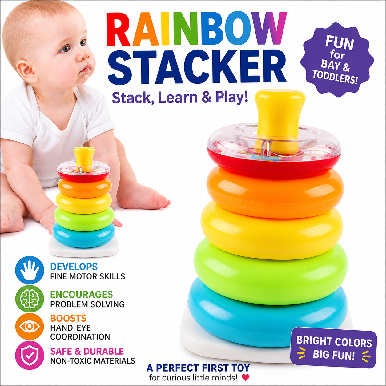 Stacking Toy - Colorful Stacking Blocks - Educational Learning Play Building Game for Ages 6+ Months Boys Girls Outdoor Daycare Nursery Family Travel Highchair Home