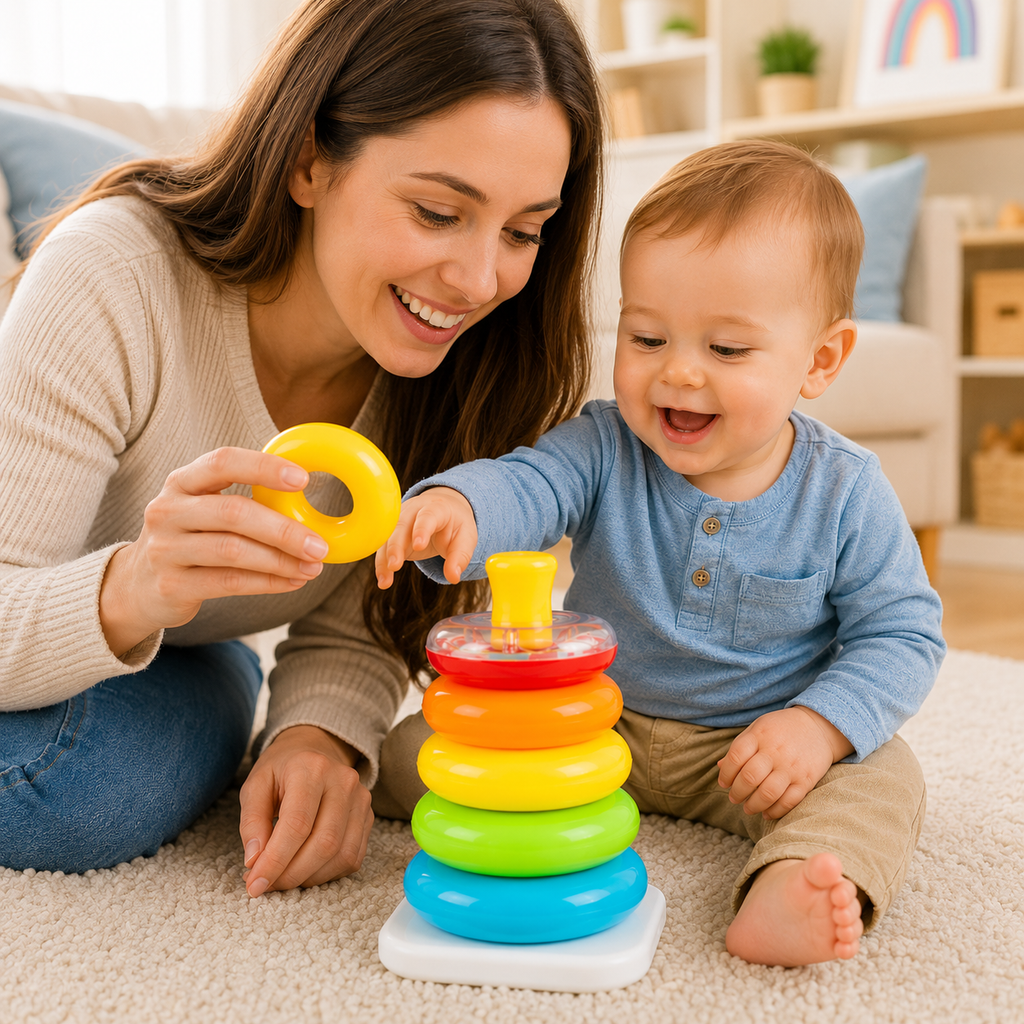 Stacking Toy - Colorful Stacking Blocks - Educational Learning Play Building Game for Ages 6+ Months Boys Girls Outdoor Daycare Nursery Family Travel Highchair Home