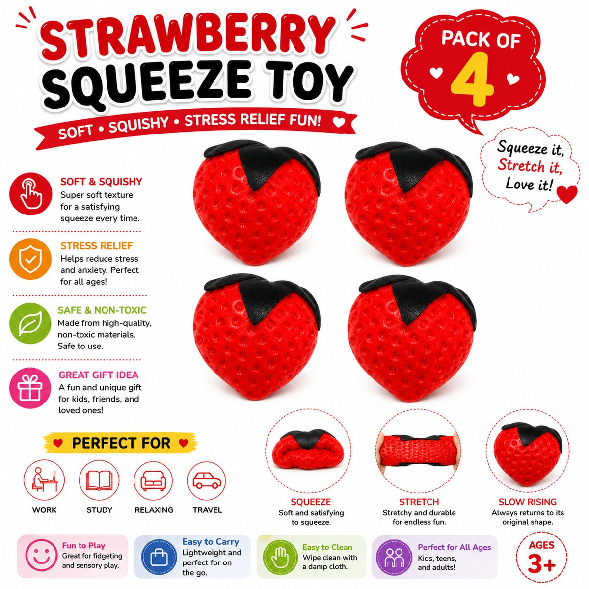 Strawberry Squishy Toy - Soft Squeeze Stress Relief Fidget Toy - Slow Rising Sensory Toy for Kids - Teens & Adults - Cute Strawberry Design