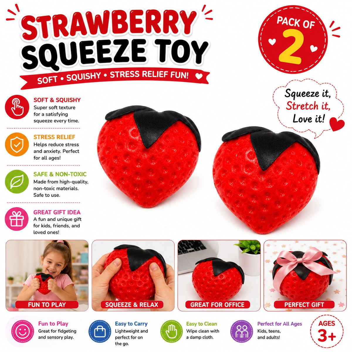Strawberry Squishy Toy - Soft Squeeze Stress Relief Fidget Toy - Slow Rising Sensory Toy for Kids - Teens & Adults - Cute Strawberry Design