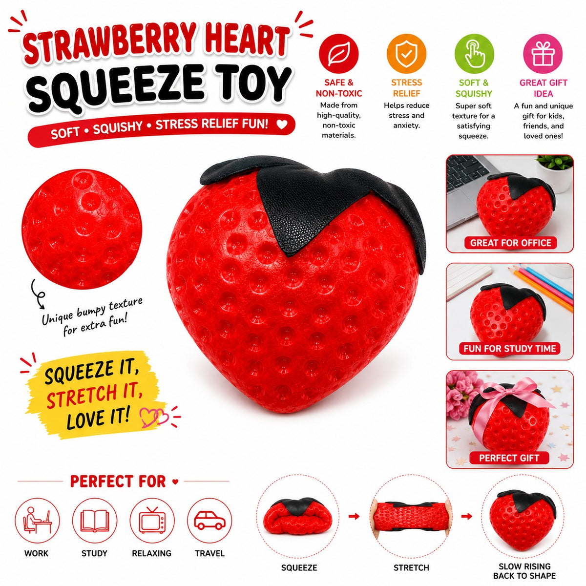Strawberry Squishy Toy - Soft Squeeze Stress Relief Fidget Toy - Slow Rising Sensory Toy for Kids - Teens & Adults - Cute Strawberry Design