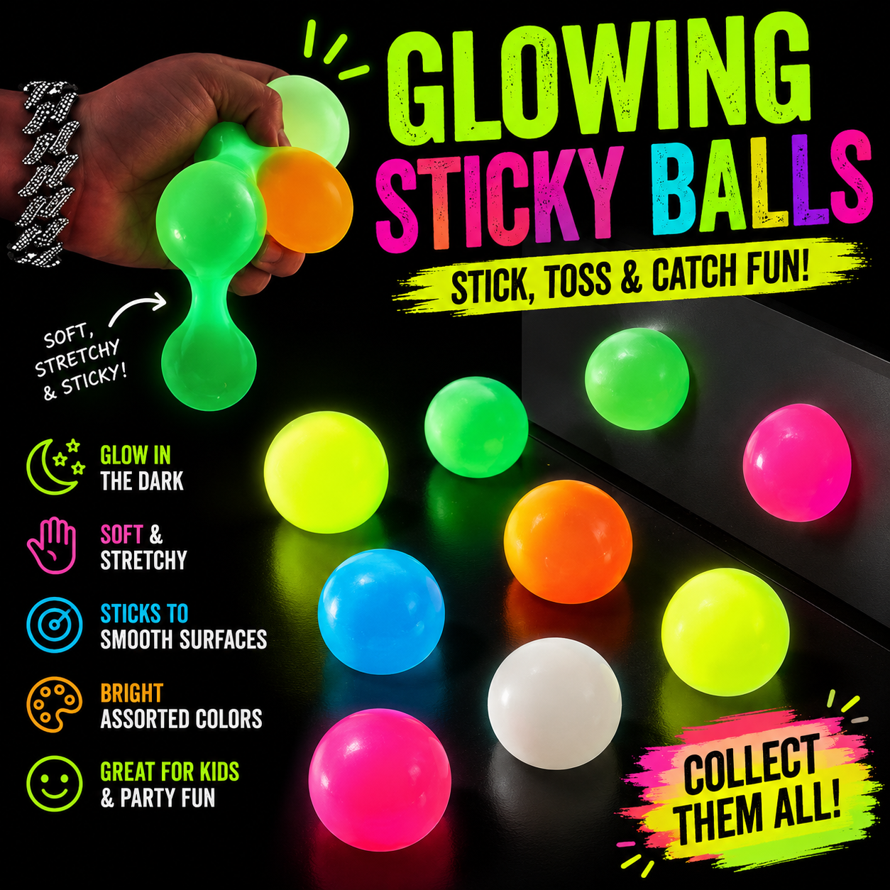 12pcs Sticky Ball Glow in Dark Fidget Sensory Balls - Valentines Day Gifts for Him Her Women Stress Relief Toys for Adults & Kids - Valentines Gift for Party Favors & Prizes Valentines Stocking Stuffers