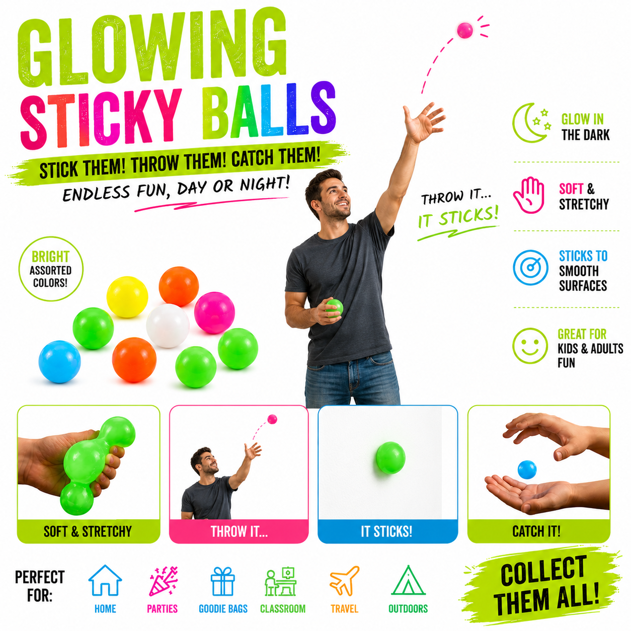 12pcs Sticky Ball Glow in Dark Fidget Sensory Balls - Valentines Day Gifts for Him Her Women Stress Relief Toys for Adults & Kids - Valentines Gift for Party Favors & Prizes Valentines Stocking Stuffers
