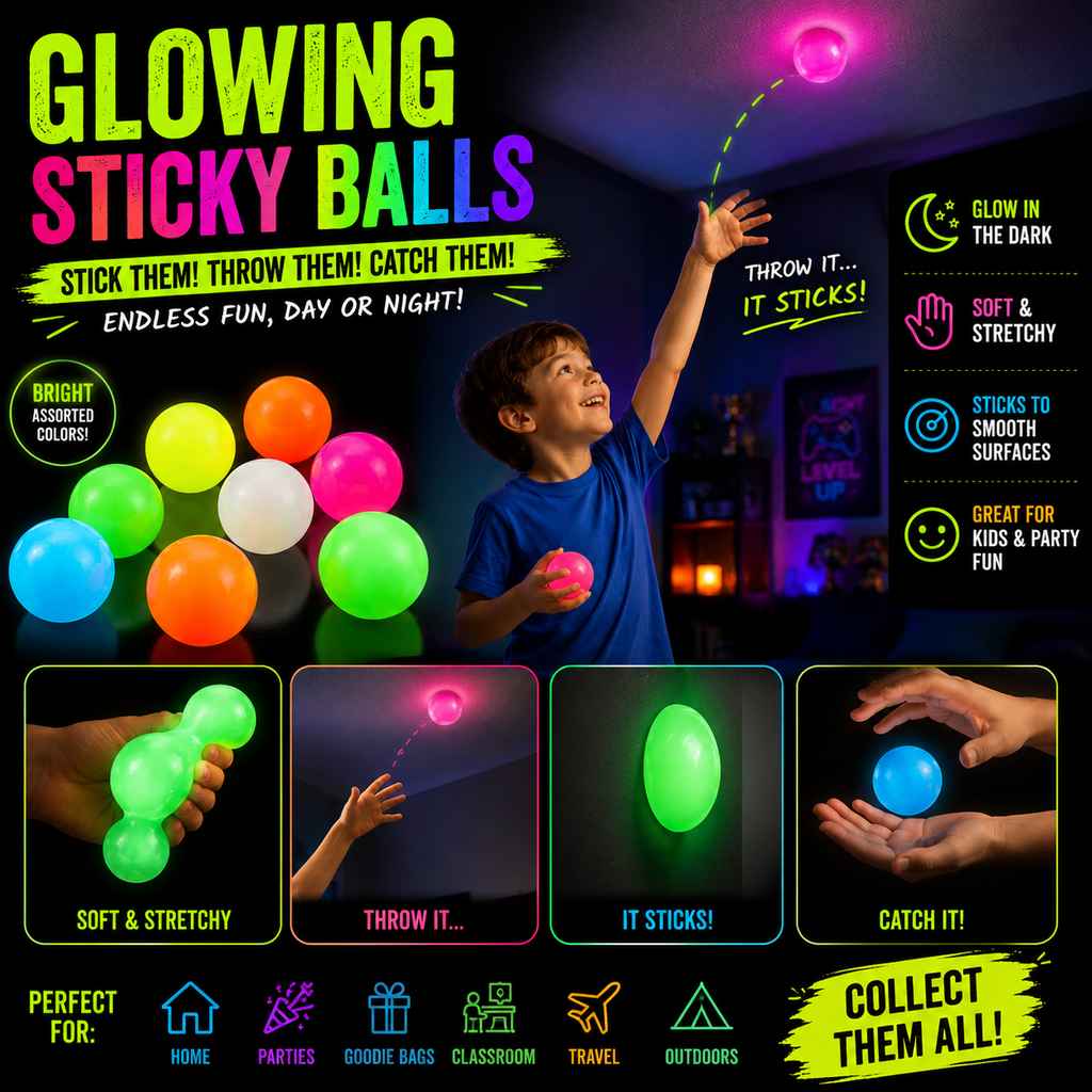 12pcs Sticky Ball Glow in Dark Fidget Sensory Balls - Valentines Day Gifts for Him Her Women Stress Relief Toys for Adults & Kids - Valentines Gift for Party Favors & Prizes Valentines Stocking Stuffers