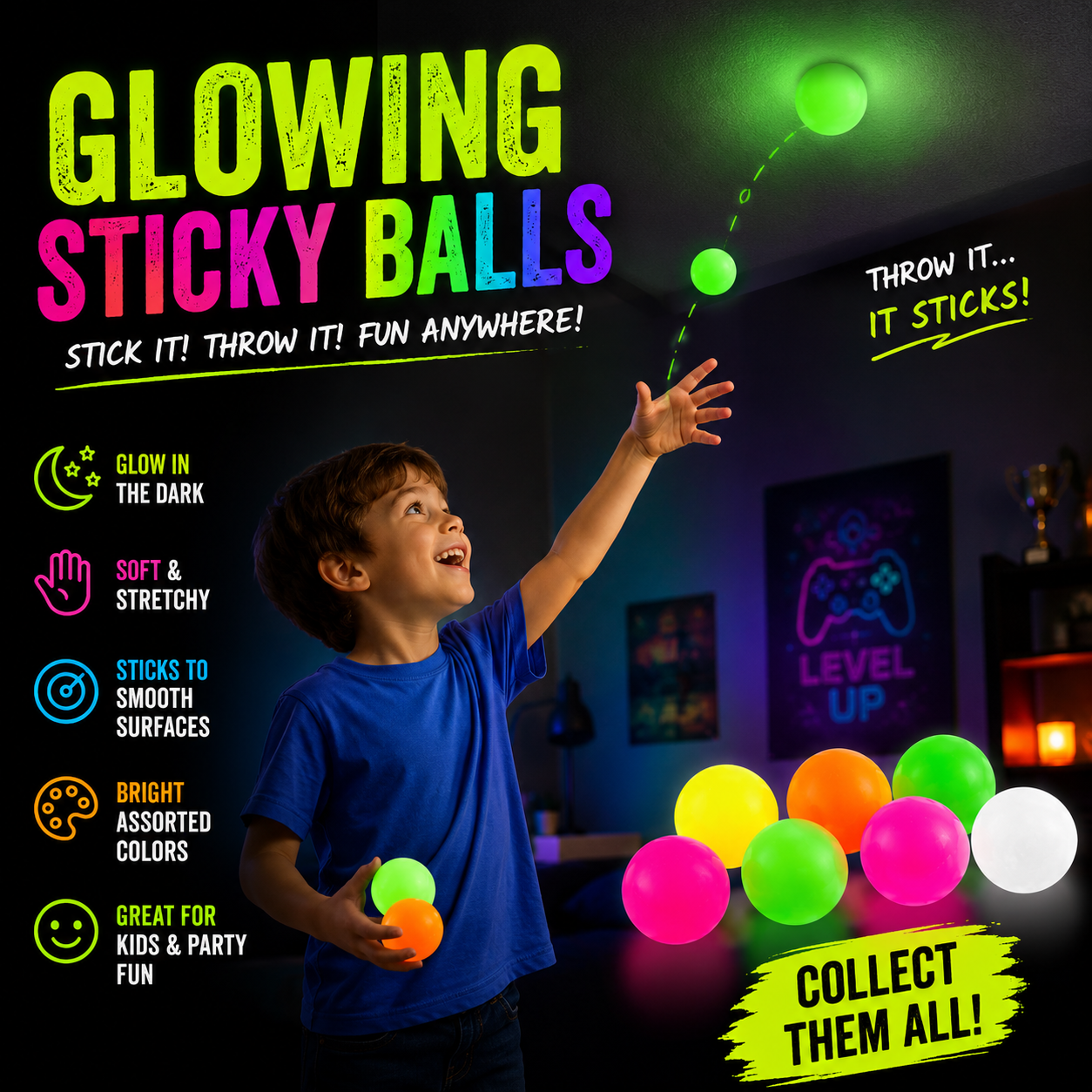 12pcs Sticky Ball Glow in Dark Fidget Sensory Balls - Valentines Day Gifts for Him Her Women Stress Relief Toys for Adults & Kids - Valentines Gift for Party Favors & Prizes Valentines Stocking Stuffers
