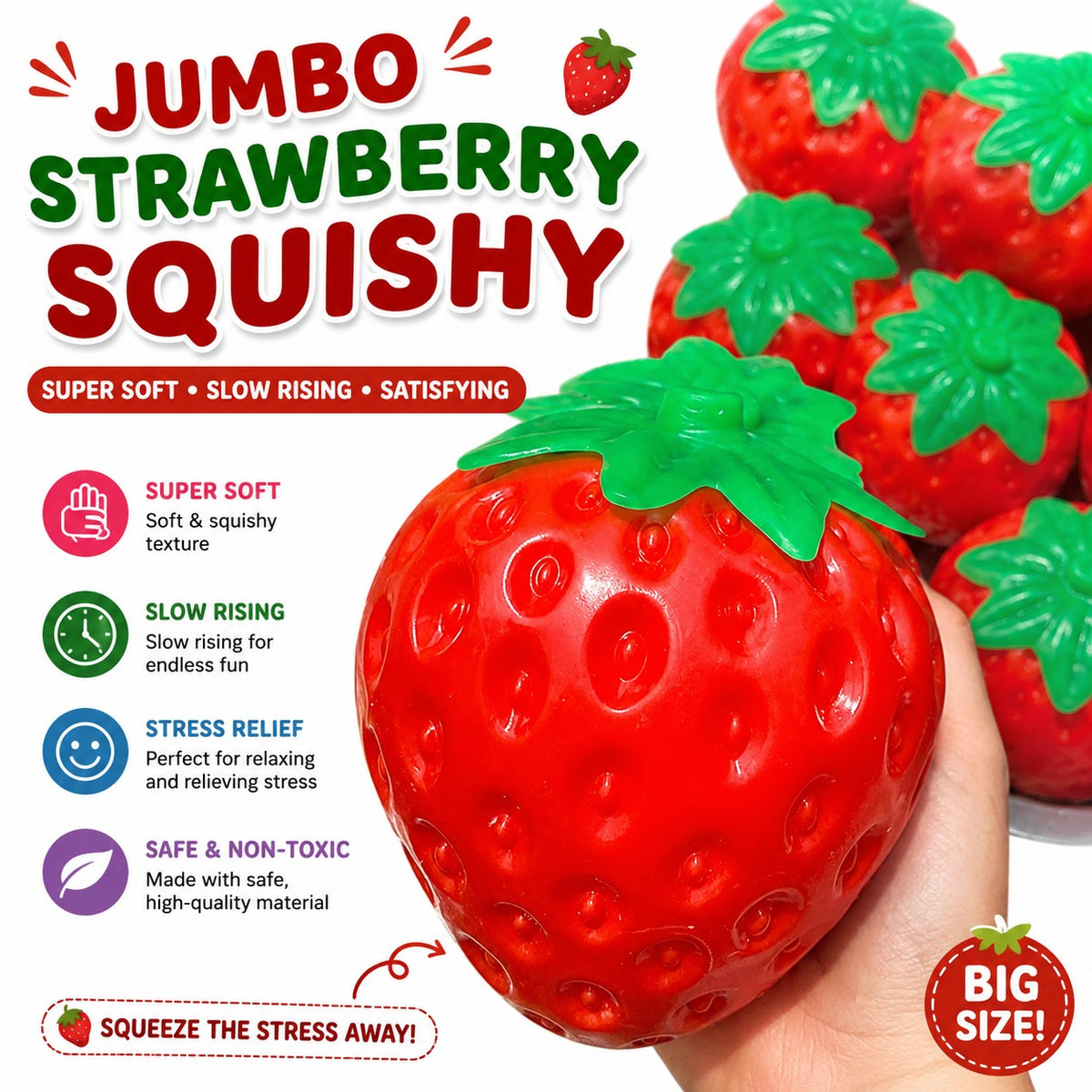 Strawberry Squishy, Strawberry Squishy Sensory Fidget Giant Jumbo Big Slow Rising Stress Ball Squeeze Toy Fruit Realistic for Relief, Adults Kids Gifts Party Favor