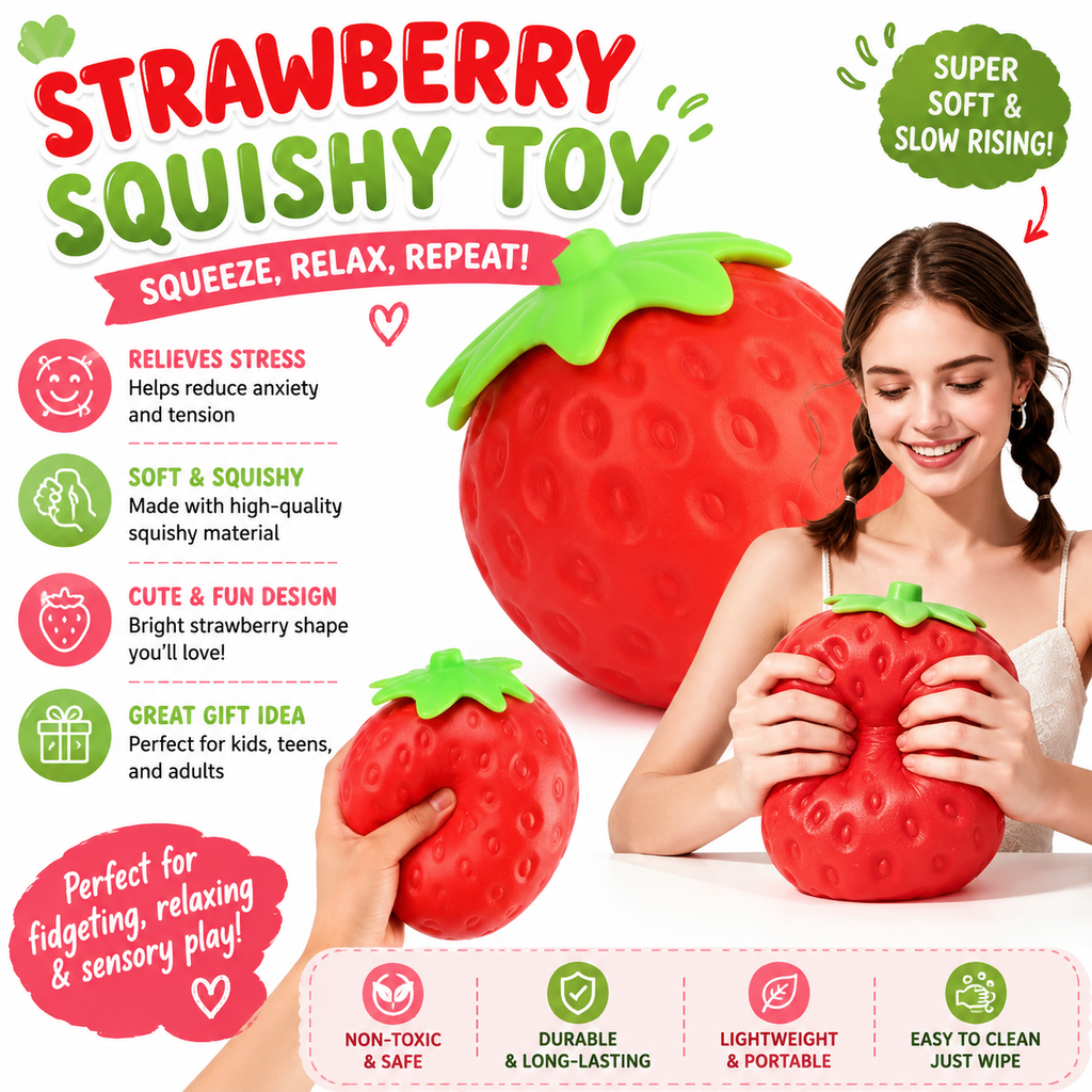 6 Inch Giant Strawberry Squishy Slow Rising Stress Relief Toy - Realistic Soft Fruit Squeeze Fidget Sensory Toy - Desk Decor Party Favor Gift for Adults