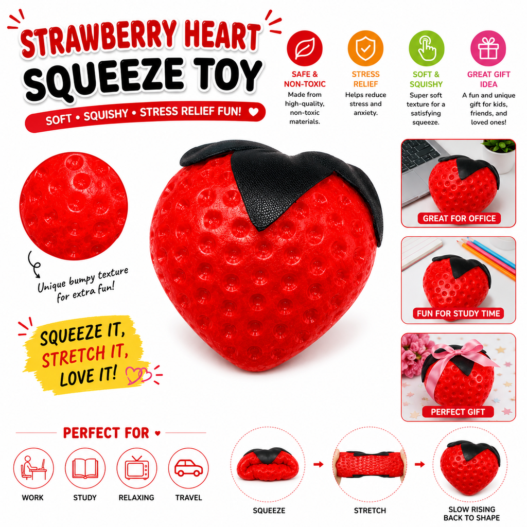 Strawberry Squishy Toy - Soft Squeeze Stress Relief Fidget Toy - Slow Rising Sensory Toy for Kids - Teens & Adults - Cute Strawberry Design