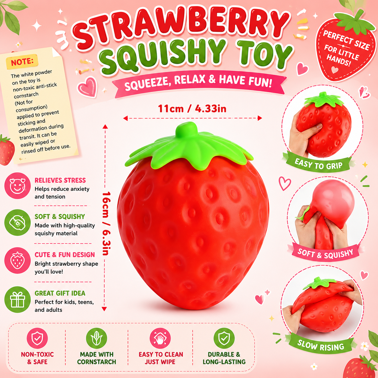 6 Inch Giant Strawberry Squishy Slow Rising Stress Relief Toy - Realistic Soft Fruit Squeeze Fidget Sensory Toy - Desk Decor Party Favor Gift for Adults
