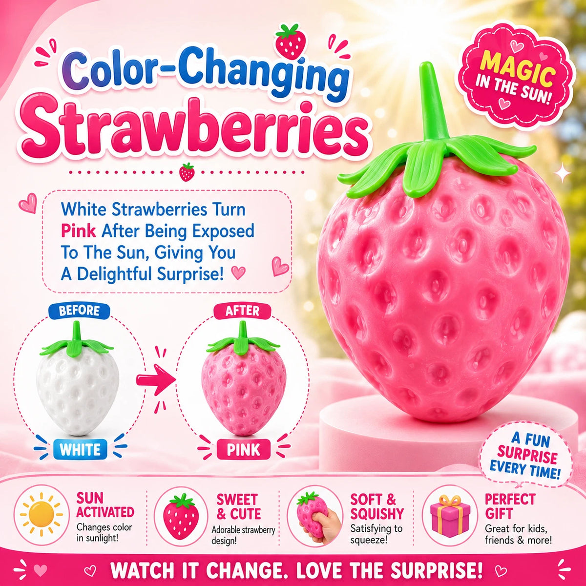 2 Pack UV Color Changing Strawberry Squishy Toys - Soft Slow Rising Fruit Squeeze Stress Balls - Cute Fidget Sensory Toys for Stress Relief - Classroom Rewards Desk Decor