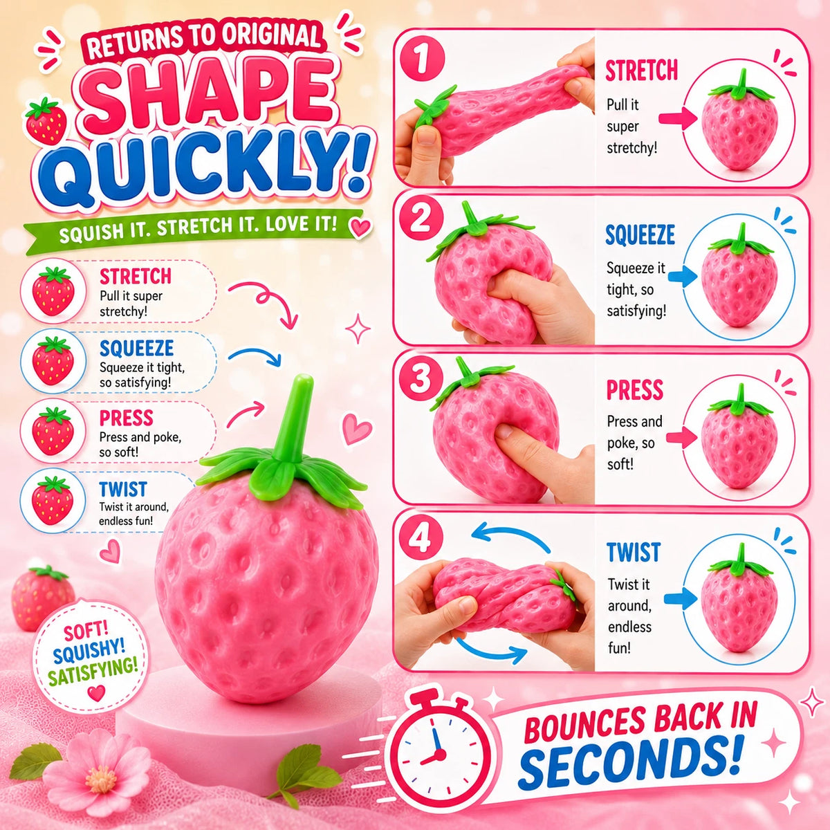 2 Pack UV Color Changing Strawberry Squishy Toys - Soft Slow Rising Fruit Squeeze Stress Balls - Cute Fidget Sensory Toys for Stress Relief - Classroom Rewards Desk Decor
