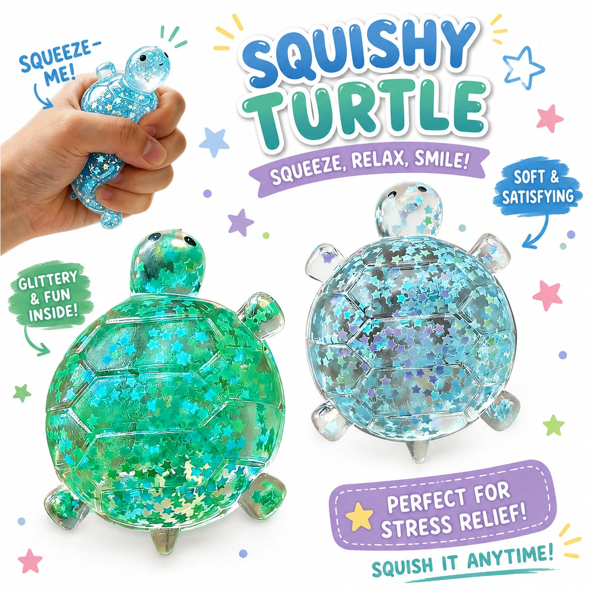 2 PCS Turtle Squishy Set - Maltose Glitter Turtle Shape,Squishy Turtles with Slow-Return Texture and Sparkling Stars for Desk Display - in Blue and Green