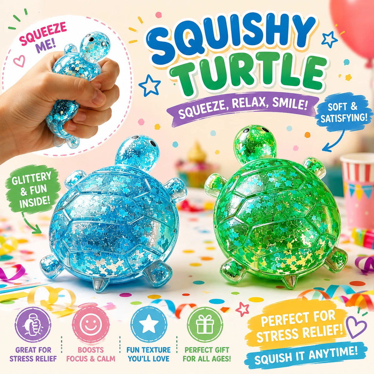 2 PCS Turtle Squishy Set - Maltose Glitter Turtle Shape,Squishy Turtles with Slow-Return Texture and Sparkling Stars for Desk Display - in Blue and Green