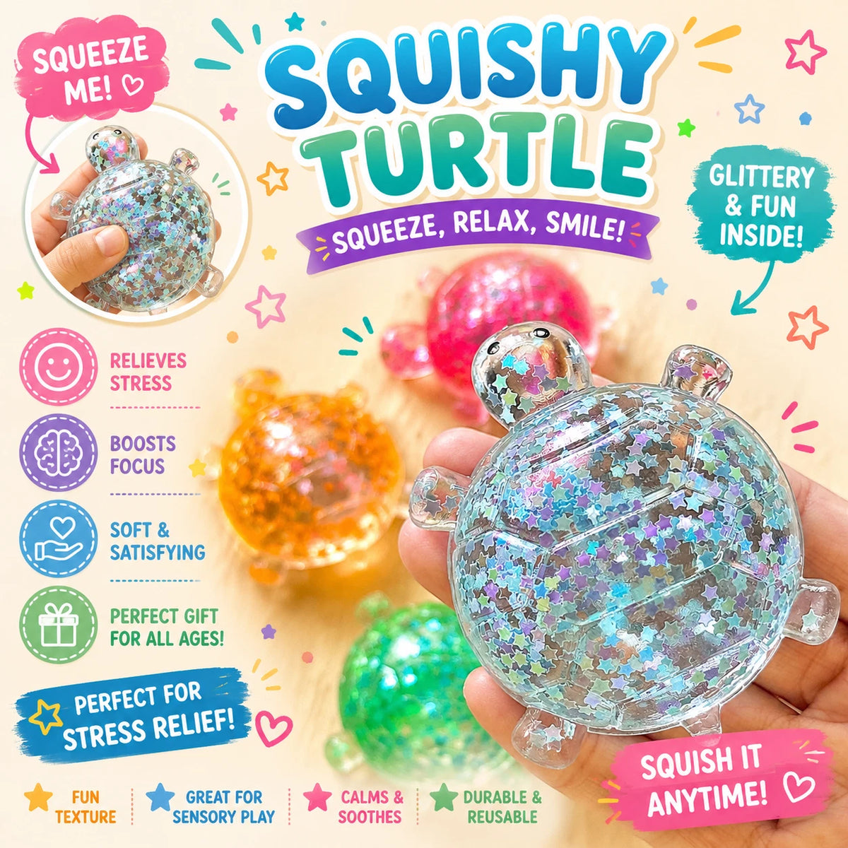 2 PCS Turtle Squishy Set - Maltose Glitter Turtle Shape,Squishy Turtles with Slow-Return Texture and Sparkling Stars for Desk Display - in Blue and Green