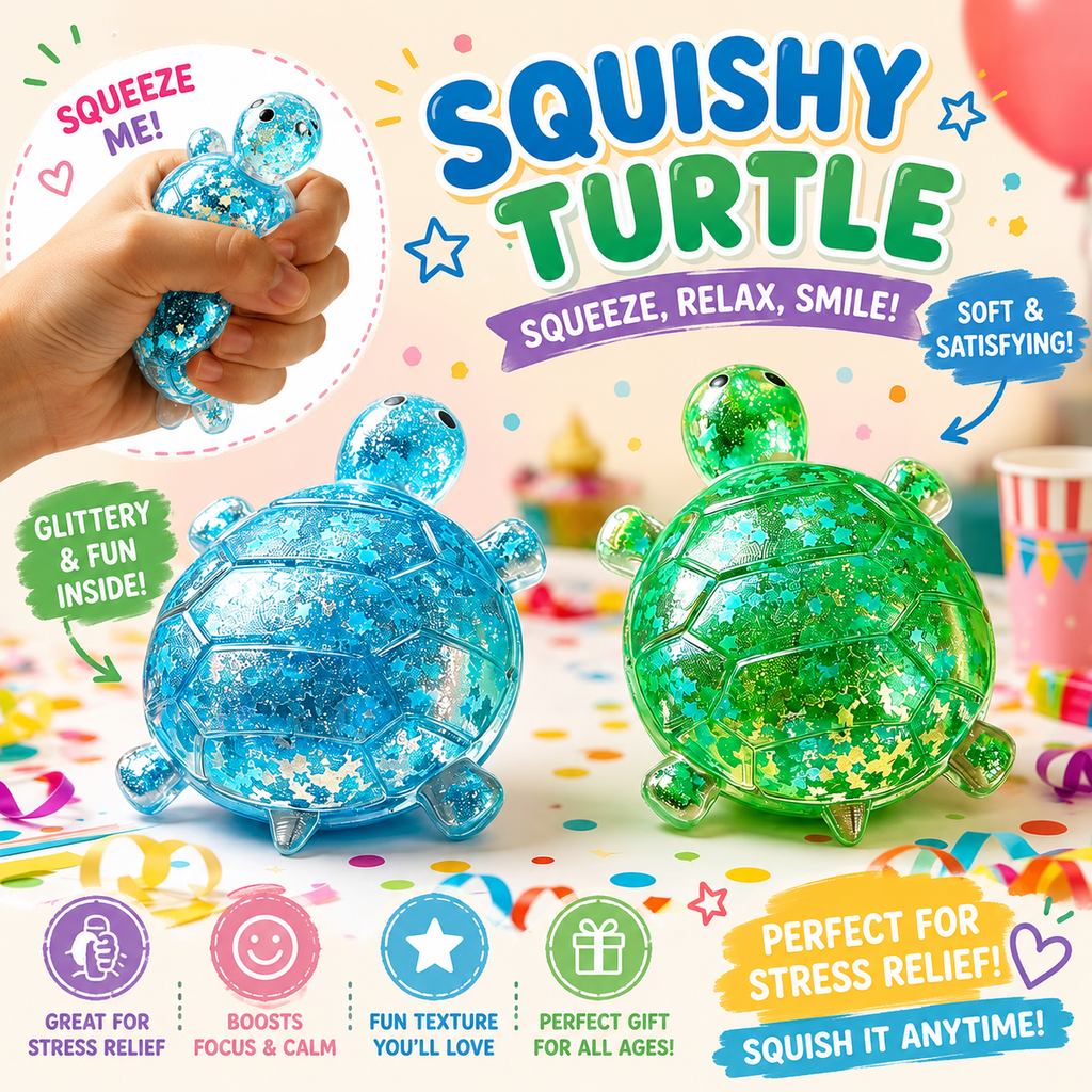 Glitter Turtle Squishies - Soft Stress Relief Squeeze Balls - Colorful - 2 Pack - for Office, Party & Birthday