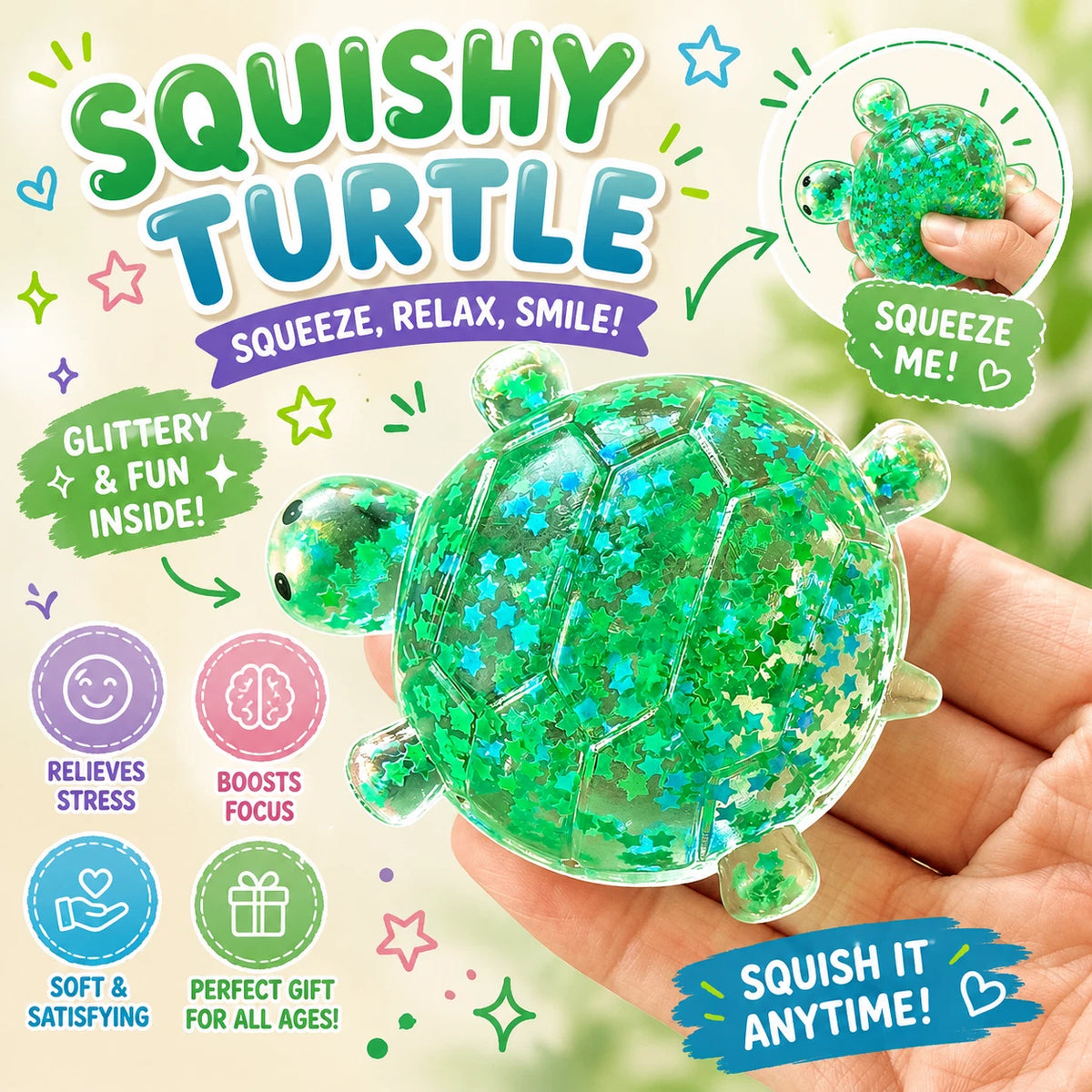 2 PCS Turtle Squishy Set - Maltose Glitter Turtle Shape,Squishy Turtles with Slow-Return Texture and Sparkling Stars for Desk Display - in Blue and Green